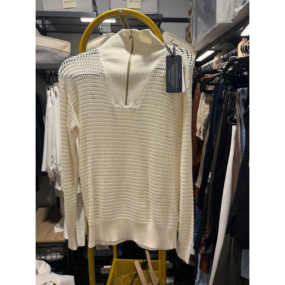 NWT Varley Light Birch Open Knit Mesh Half Zip Sweater Cream Gold Zipper XS - Picture 4 of 6